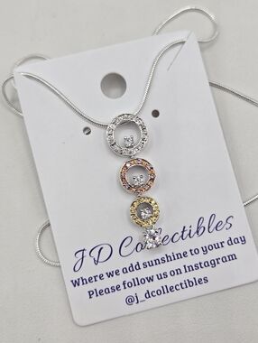Swarovski Crystal Elements Tri Color Circle Drop Necklace Silver Gold Rose 20 in